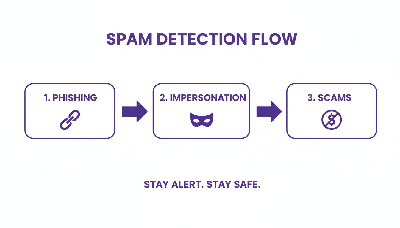 Flowchart illustrating spam detection steps: phishing, impersonation, and scams to stay safe.