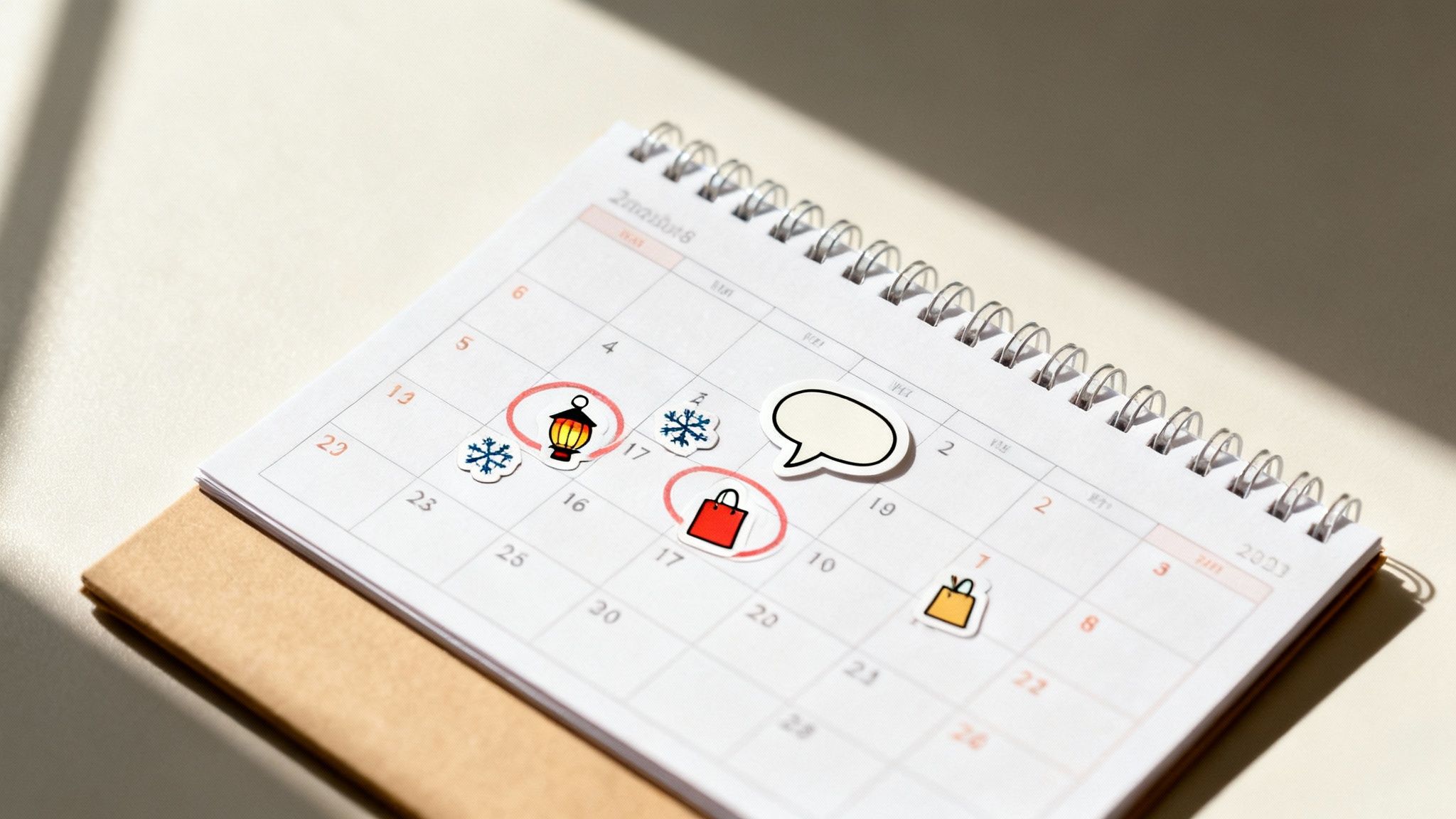 A desk calendar for February 2023, marked with festive stickers like snowflakes and shopping bags.