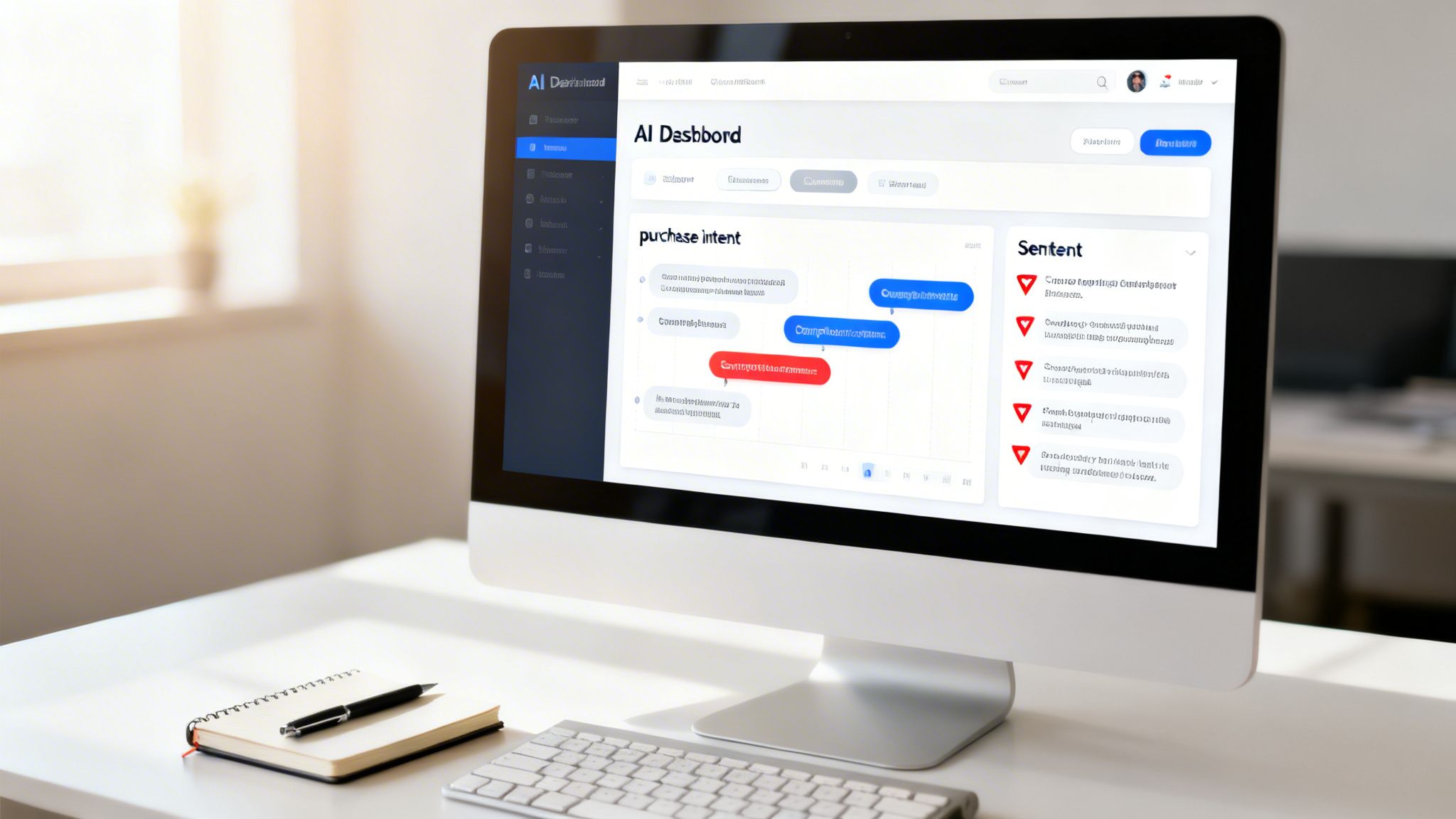 A desktop computer displays an AI dashboard with 'purchase intent' charts and 'Sentent' data.