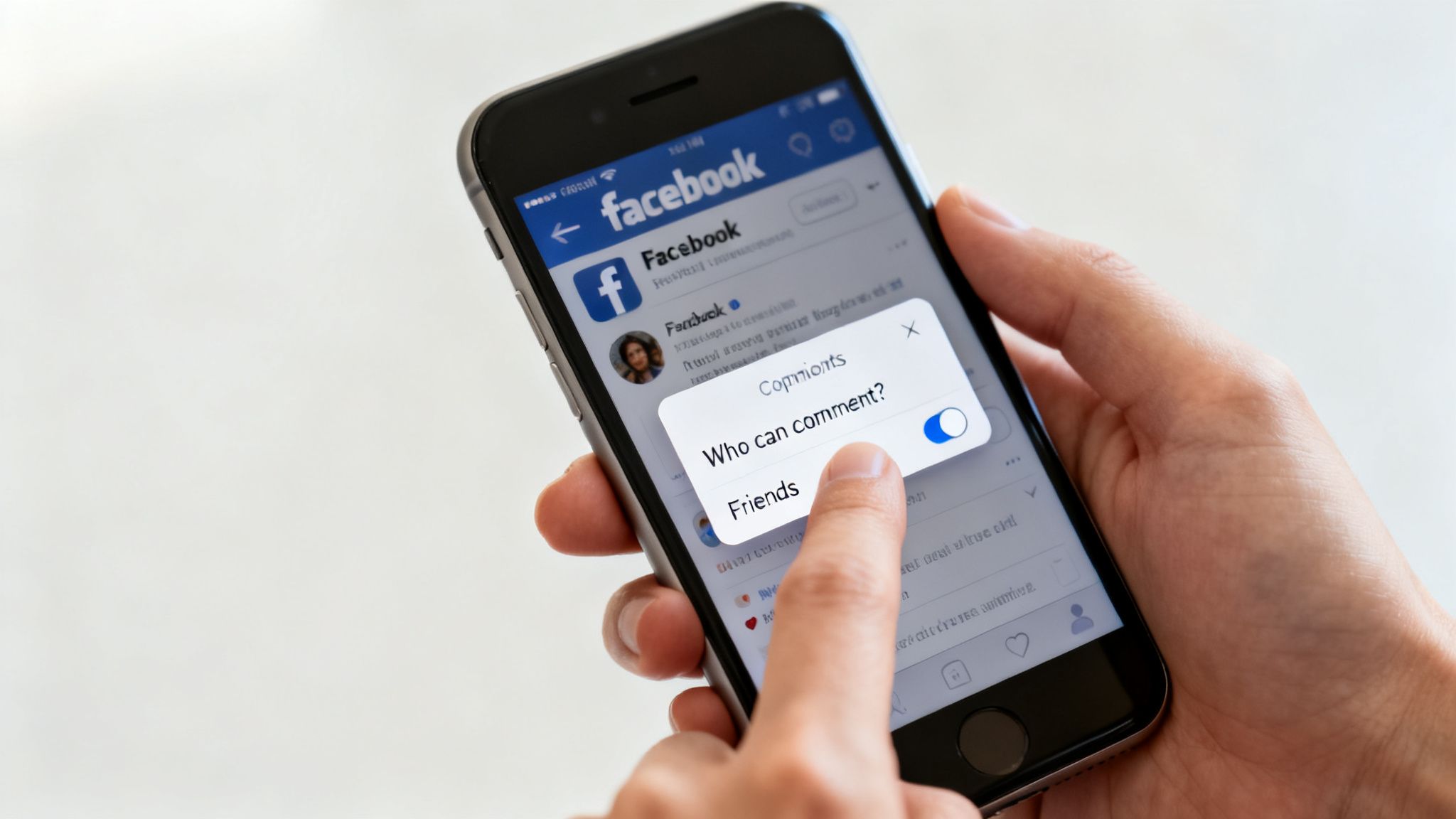 A hand holds a smartphone displaying the Facebook app with a pop-up for comment privacy settings, set to 'Friends'.