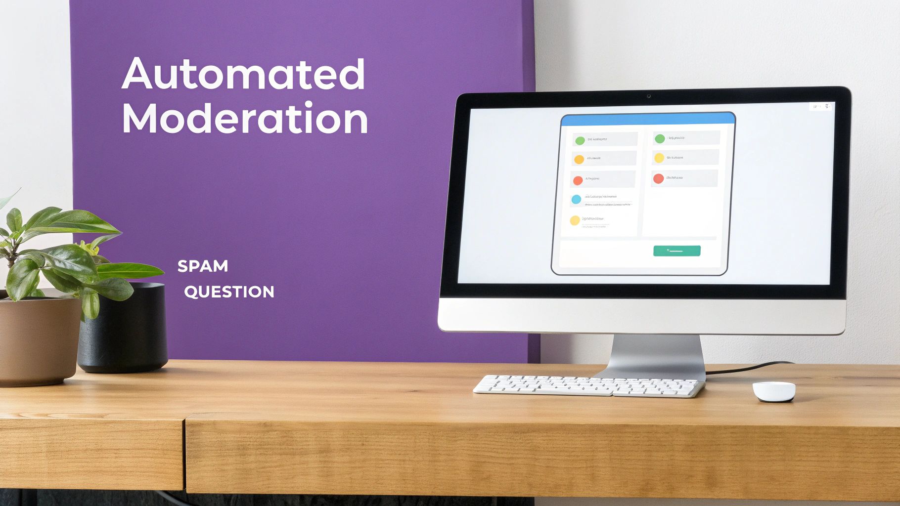 A computer monitor on a wooden desk displays an automated moderation interface against a purple background.