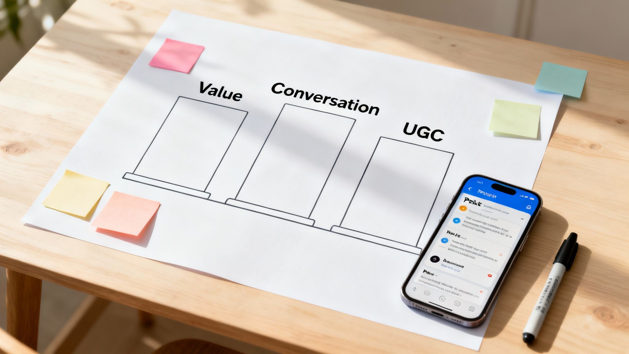 User generated content strategy template with value conversation and UGC columns on wooden desk with smartphone