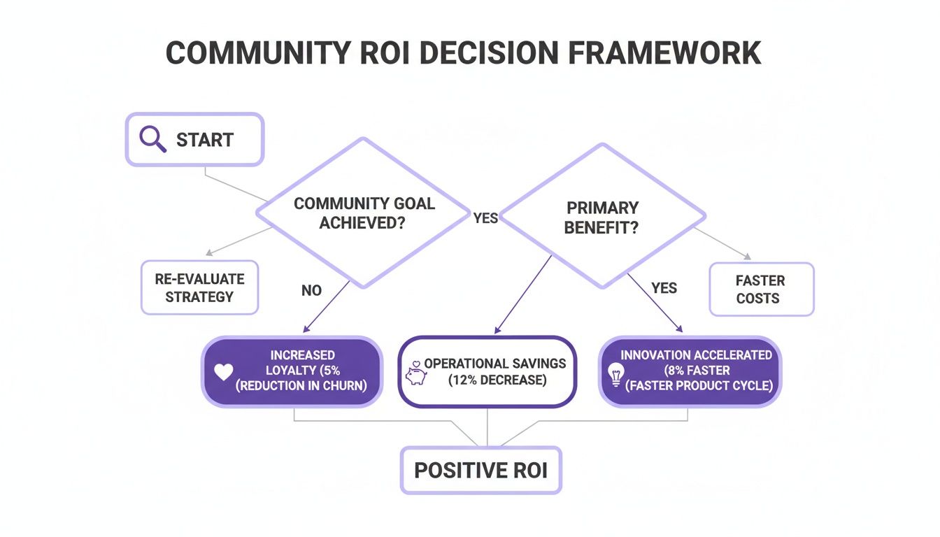 A flowchart illustrating a community ROI decision framework, detailing goal achievement, benefits, and positive ROI.