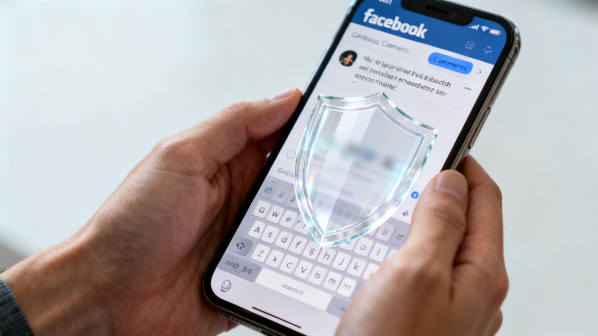 A person holds a smartphone showing the Facebook app with a translucent shield, symbolizing digital security.