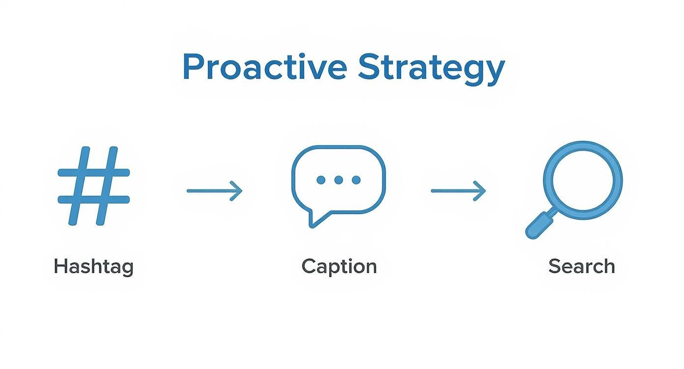 Diagram showing a proactive strategy flow: Hashtag, Caption, and Search icons with connecting arrows.