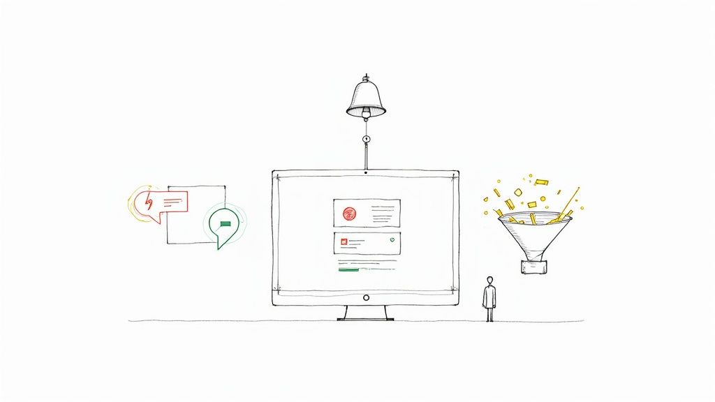 A sketch illustrates online communication, a computer monitor displaying alerts, a bell, and a funnel creating value.