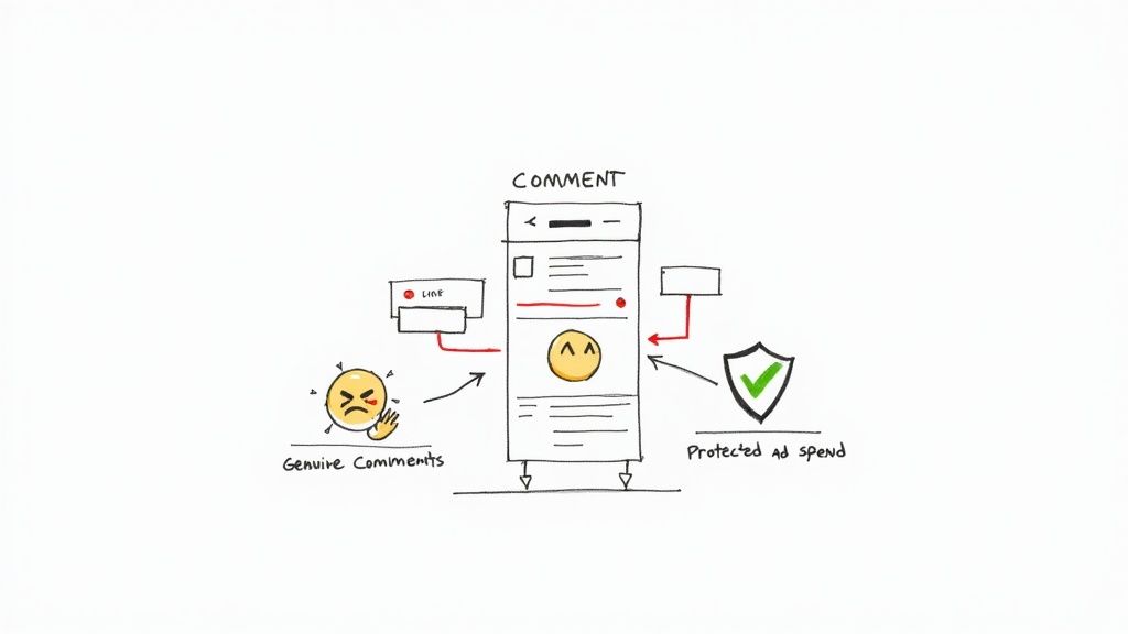 Hand-drawn diagram illustrating a mobile comment section influenced by genuine comments and protected ad spend.