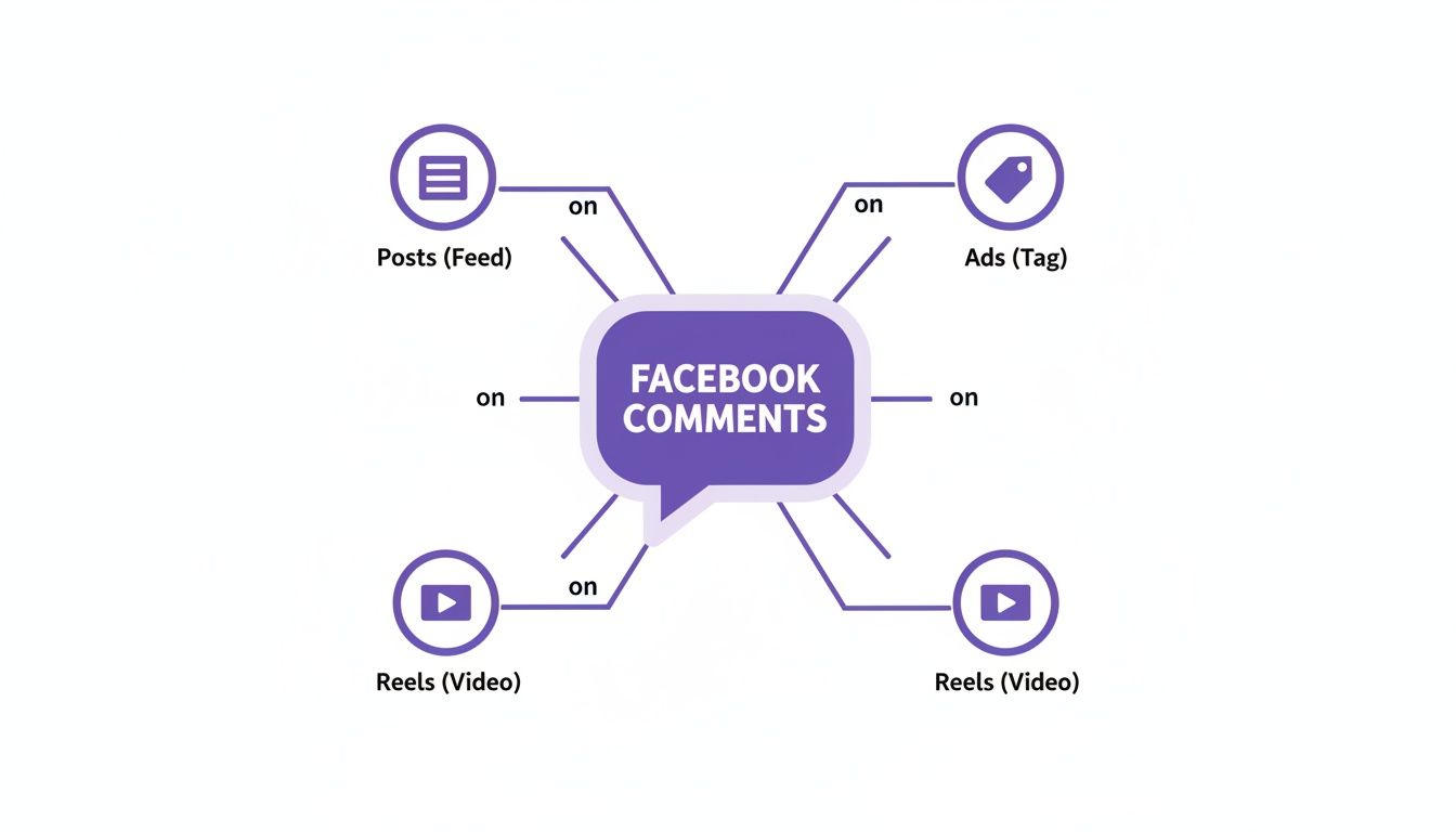 Diagram showing Facebook comments are enabled on posts, ads, and video reels content.