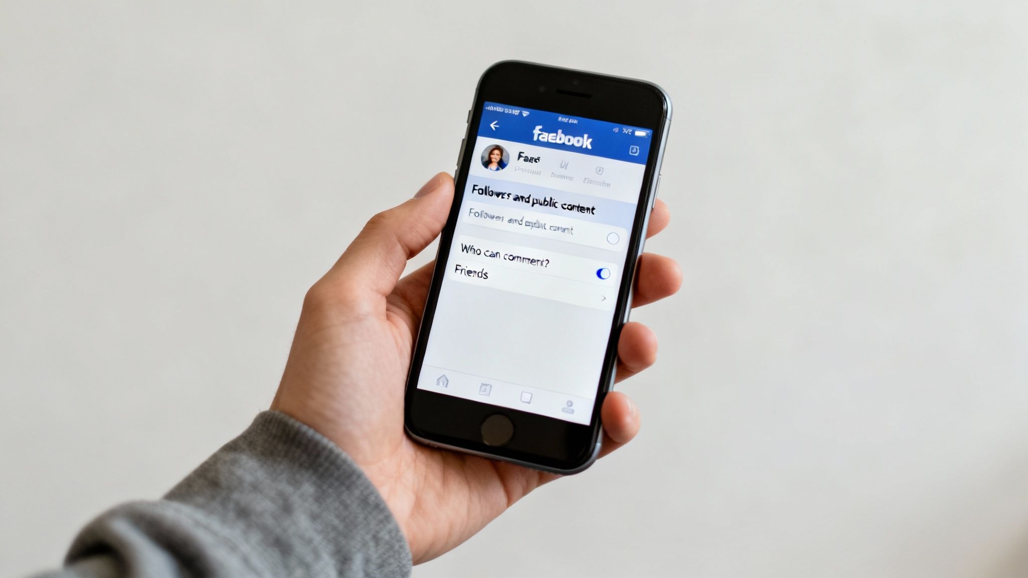 Hand holding iPhone displaying Facebook privacy settings page for followers and public content comments