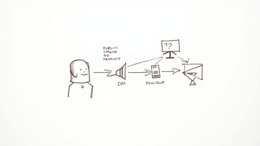 Hand-drawn workflow diagram: person sends DM, leading to follow-up, question, and content creation.