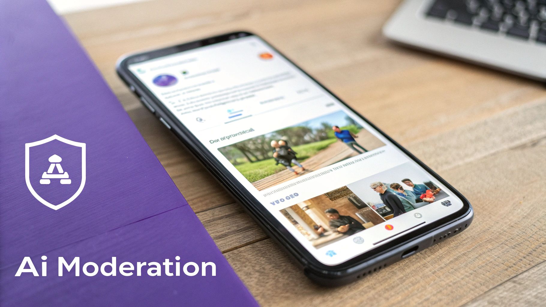 A smartphone displaying a social media feed next to a purple folder with an 'Ai Moderation' logo.
