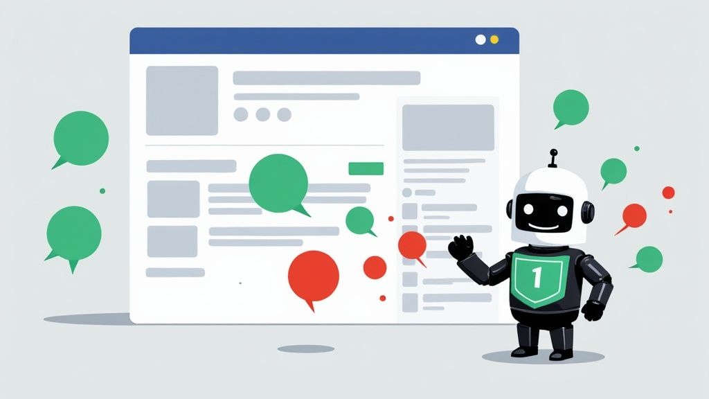 A robot bot moderates a Facebook-like social media feed with green and red chat bubbles.
