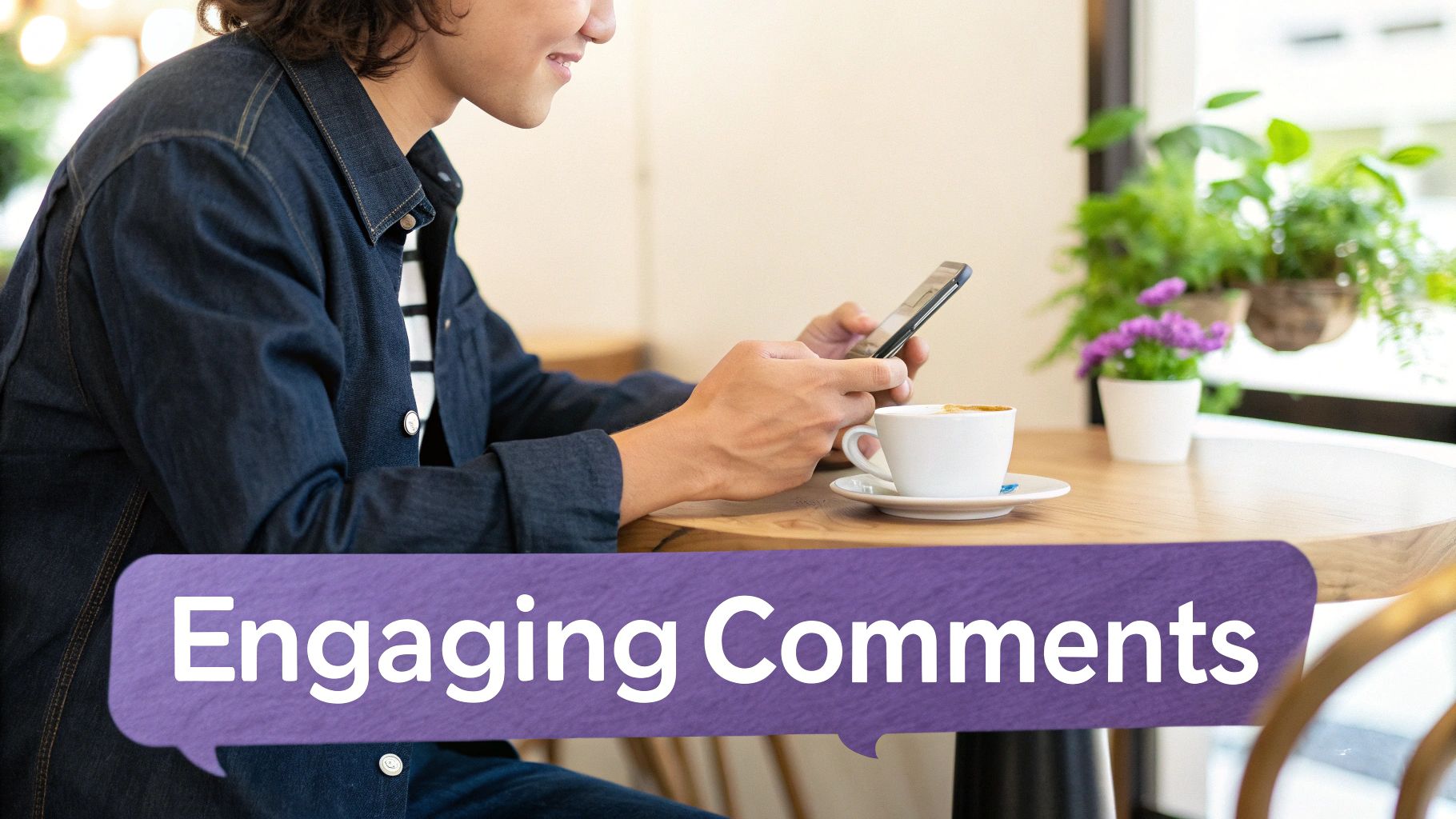 Young man in a denim jacket using a smartphone at a cafe table with a coffee cup.