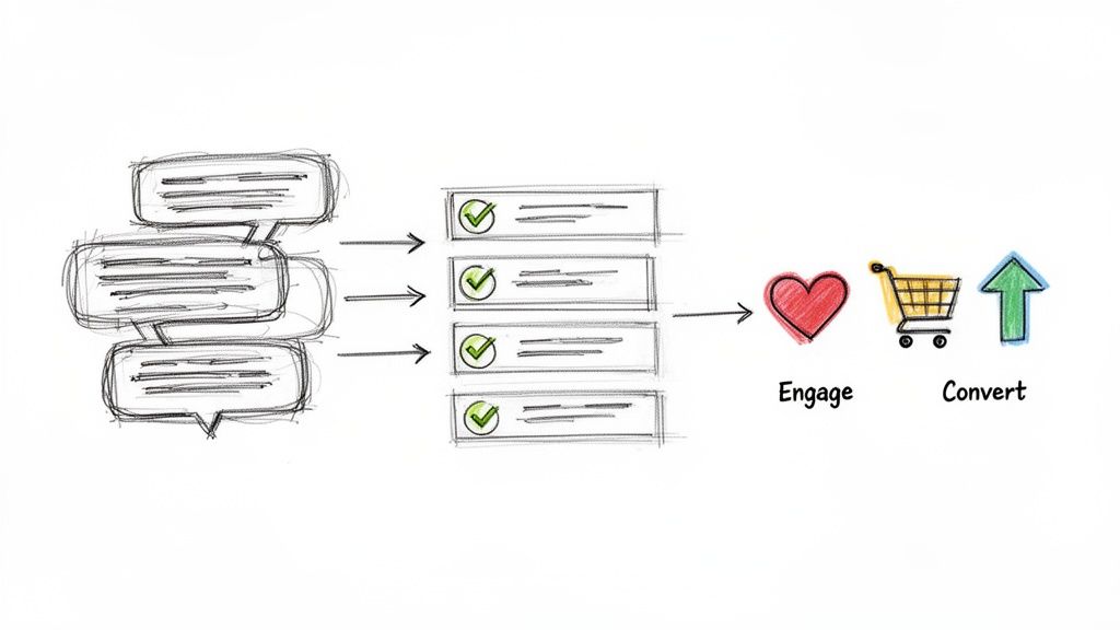 Sketch illustrating a marketing or sales funnel from initial messages to successful conversions.