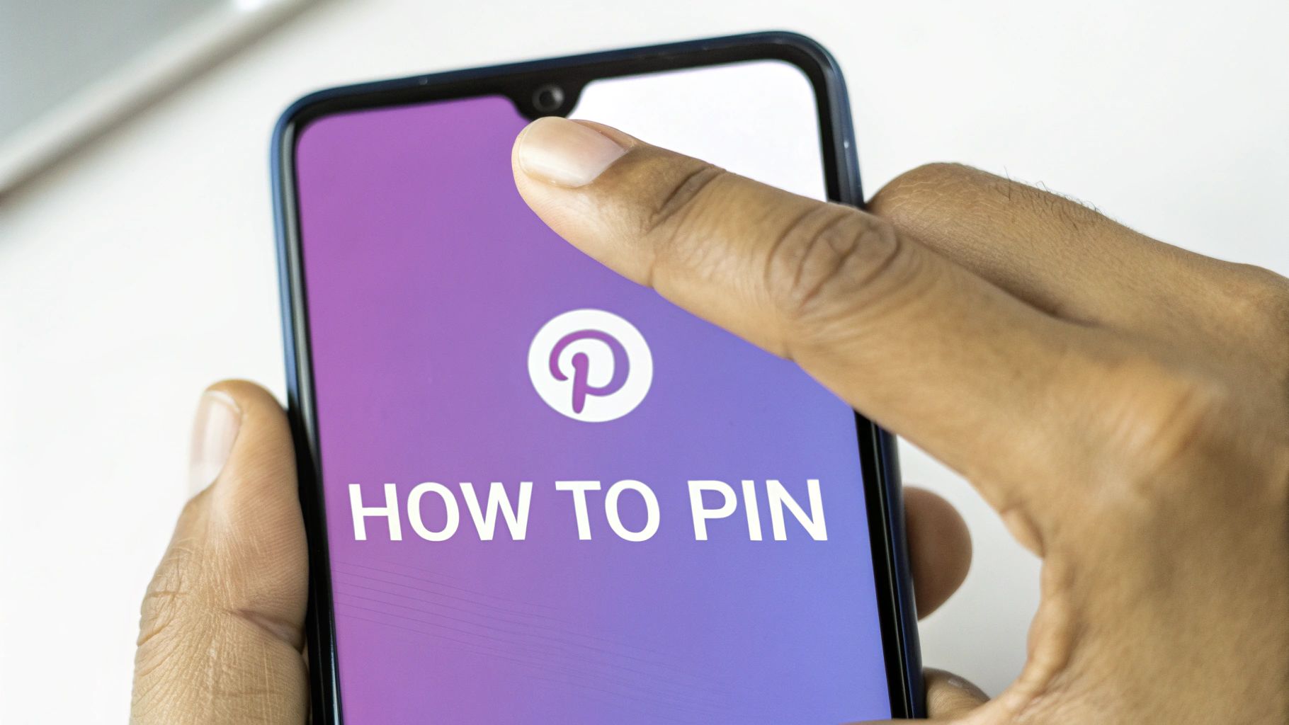 A hand holds a smartphone displaying the Pinterest logo and "HOW TO PIN" text on a purple screen.