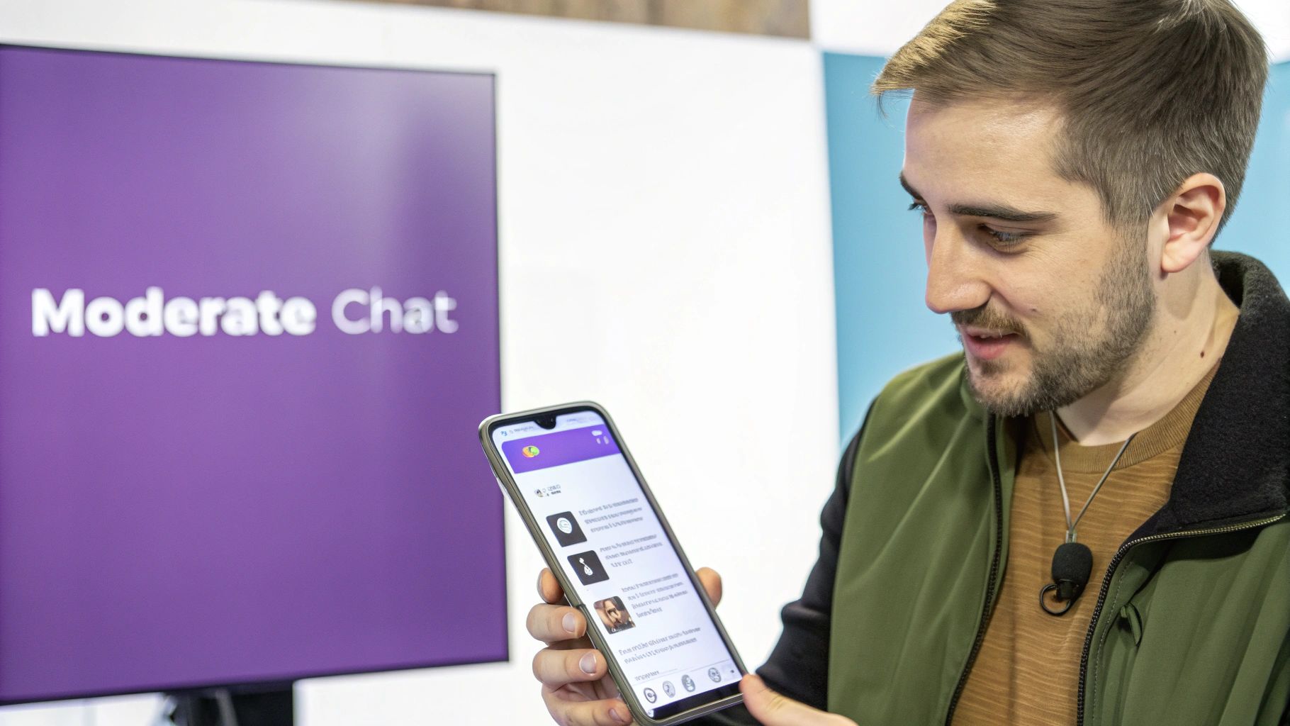 A man holds a smartphone displaying a chat interface, with 'Moderate Chat' on a screen behind him.
