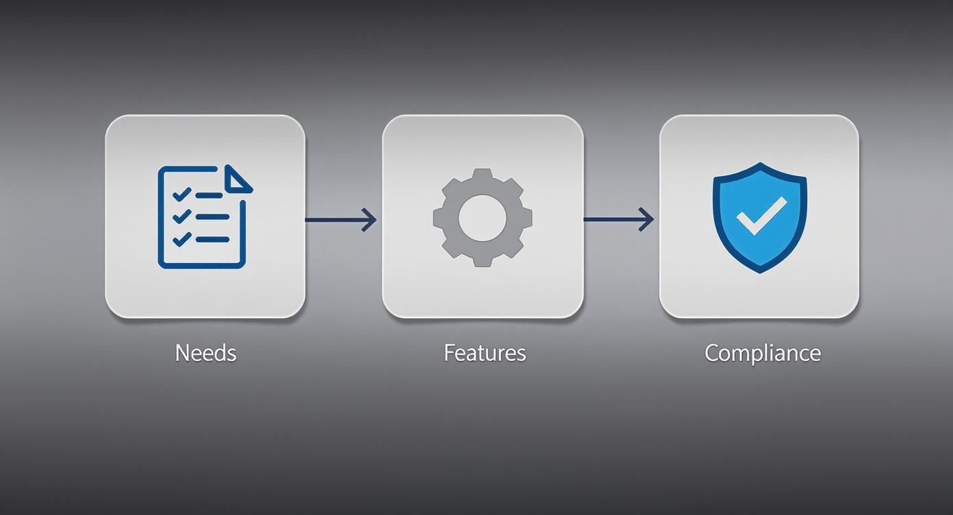 A three-step diagram showing 'Needs' (checklist) leading to 'Features' (gear) and then 'Compliance' (shield with checkmark).