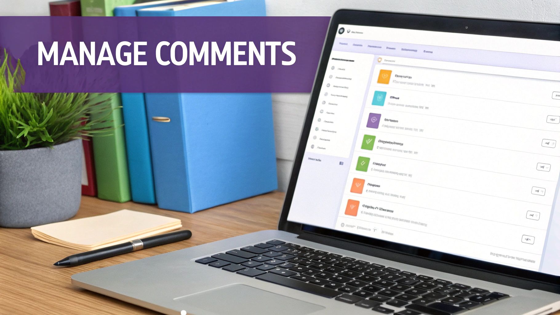Laptop on a wooden desk displays 'Manage Comments' interface, with office supplies and binders.