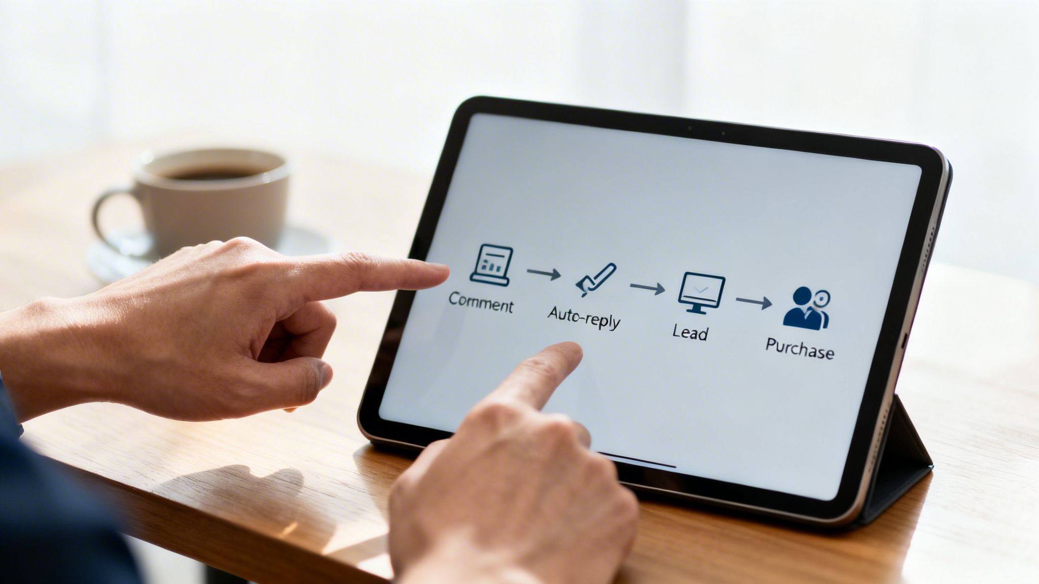 Person's hands touching a tablet screen displaying a customer journey flow: Comment, Auto-reply, Lead, Purchase.
