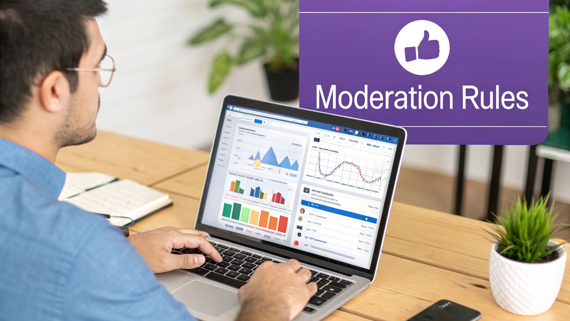 A man reviews data charts on a laptop, with a 'Moderation Rules' overlay featuring a thumbs-up.