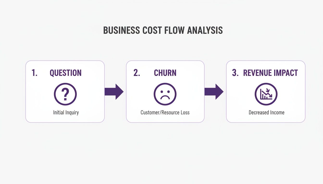 A three-step business cost flow analysis showing inquiry, churn, and revenue impact.