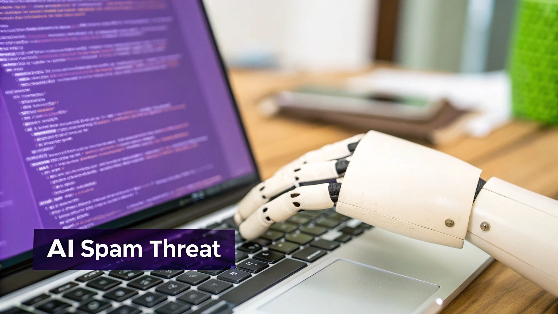 A robotic hand typing on a laptop displaying purple code, with 'AI Spam Threat' text overlay.