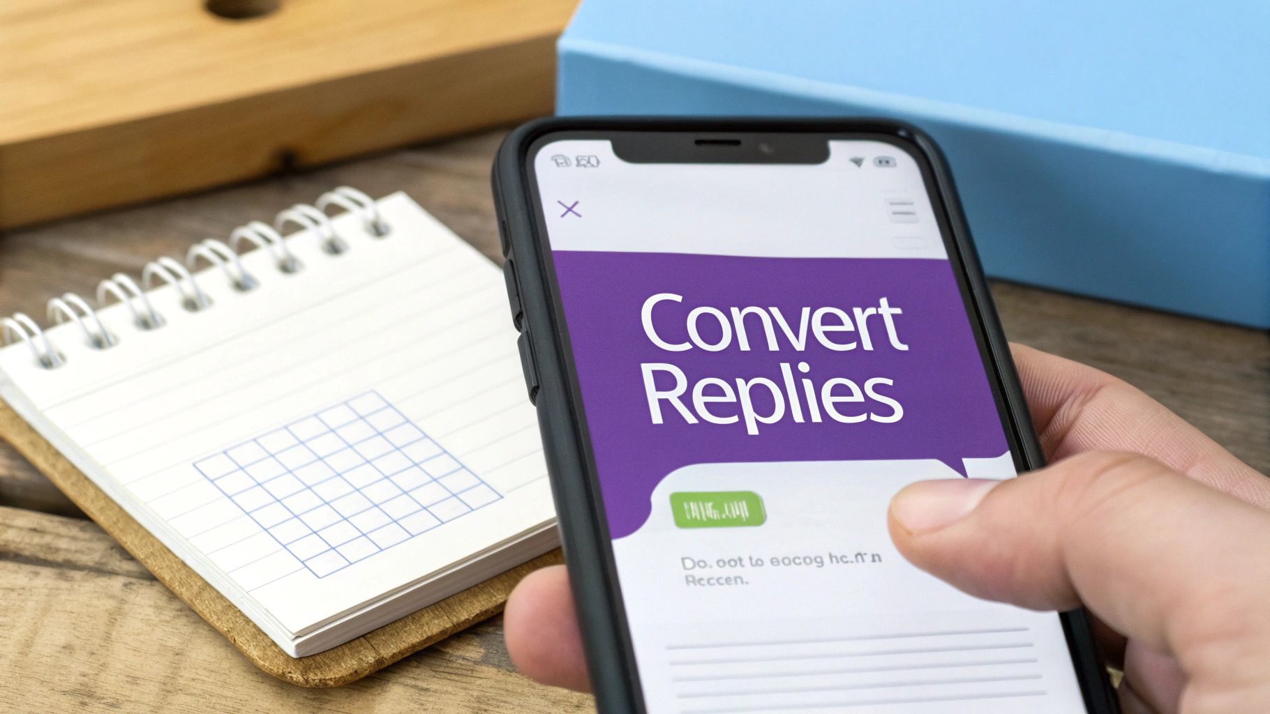 A hand holds a smartphone displaying an app with the text 'Convert Replies' on a purple screen.
