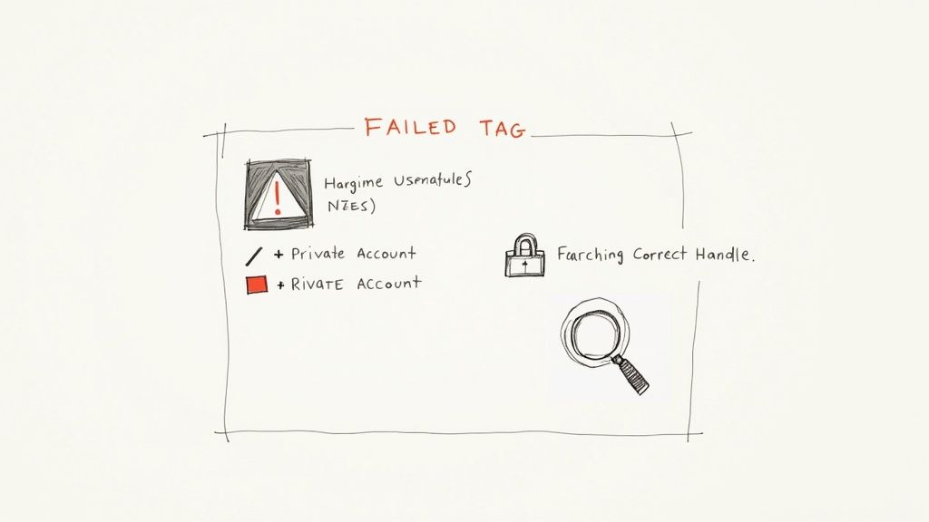 An error message symbol on a smartphone screen, representing a failed Instagram tag.