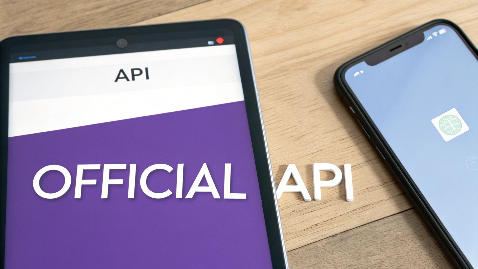 A tablet displays 'OFFICIAL API' text next to a smartphone and 'API' letters on a wooden table.