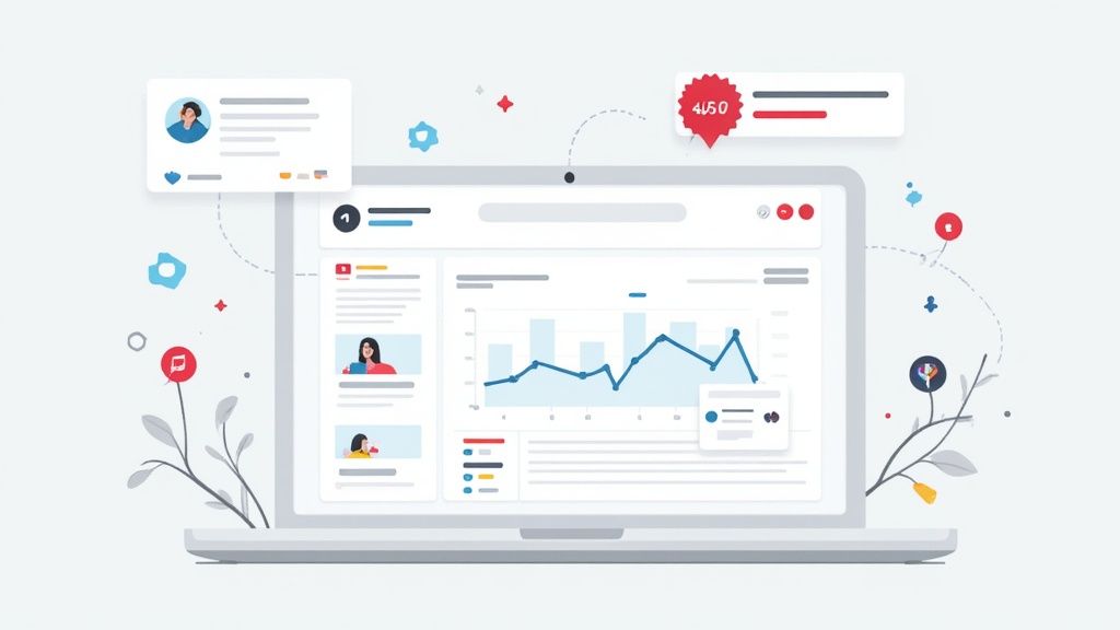 A laptop screen displays social media analytics with charts, user profiles, and floating UI elements.