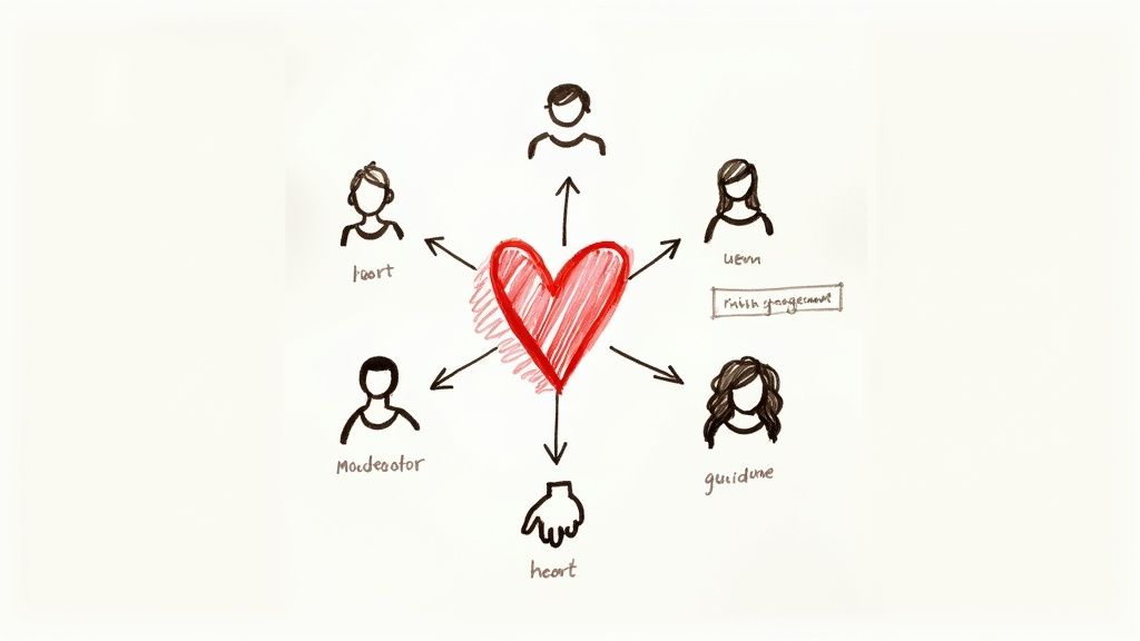 People collaborating and connecting in a friendly community environment, symbolizing social media engagement.