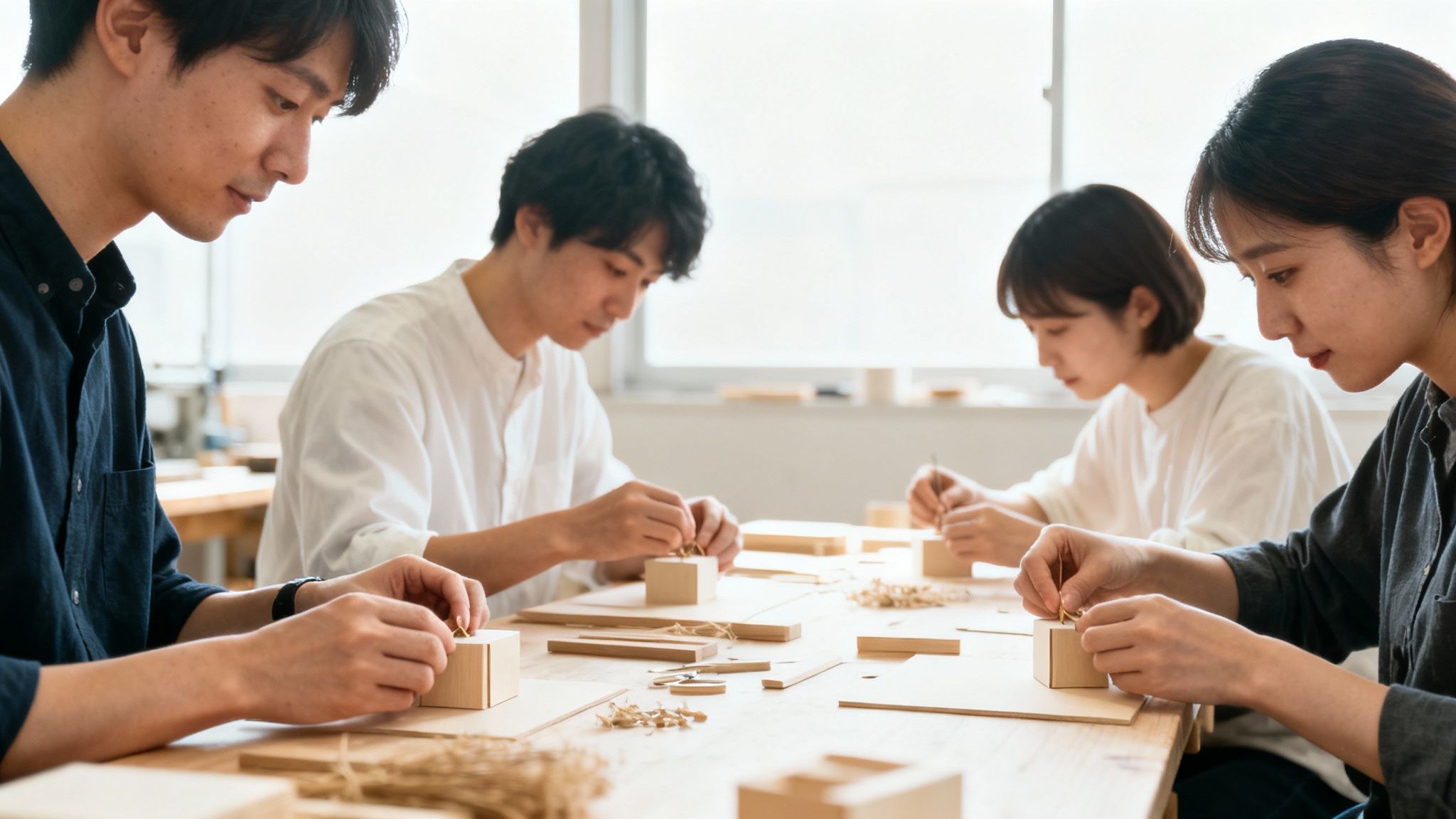 Four young adults focused on crafting small wooden boxes with natural materials in a bright workshop.