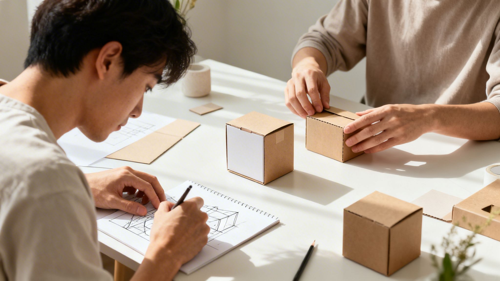 Hands sketching box designs and assembling cardboard boxes on a bright white table.