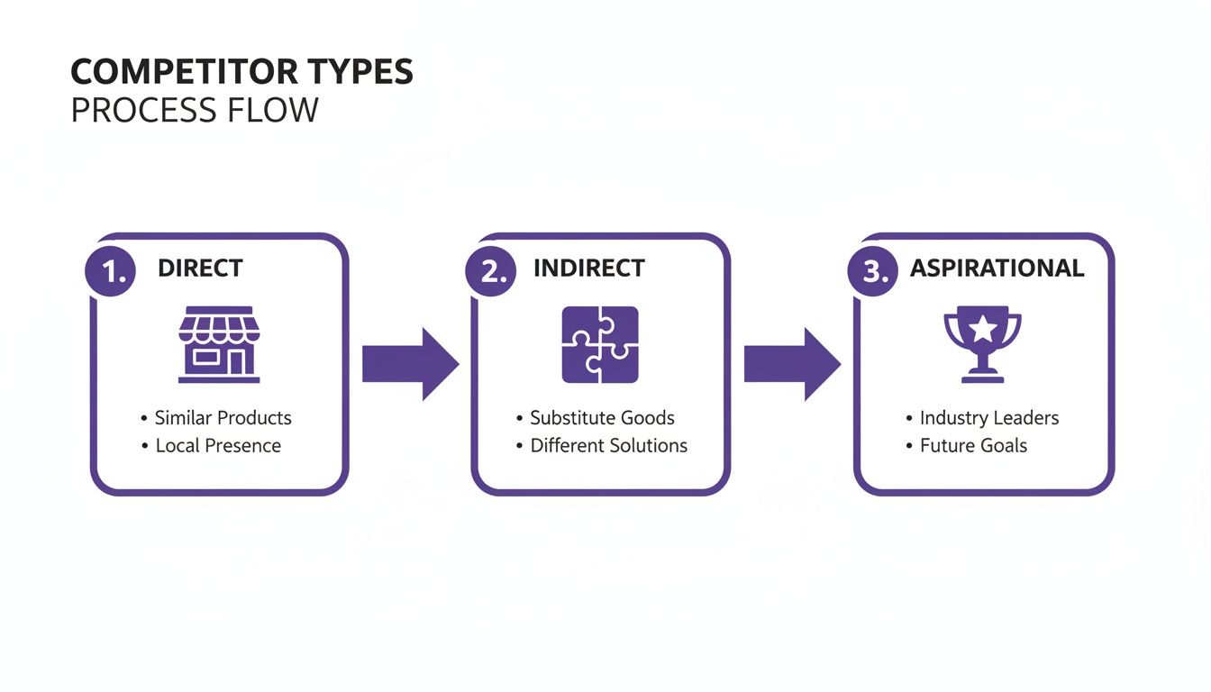 A process flow diagram illustrating three types of competitors: direct, indirect, and aspirational, with descriptions.