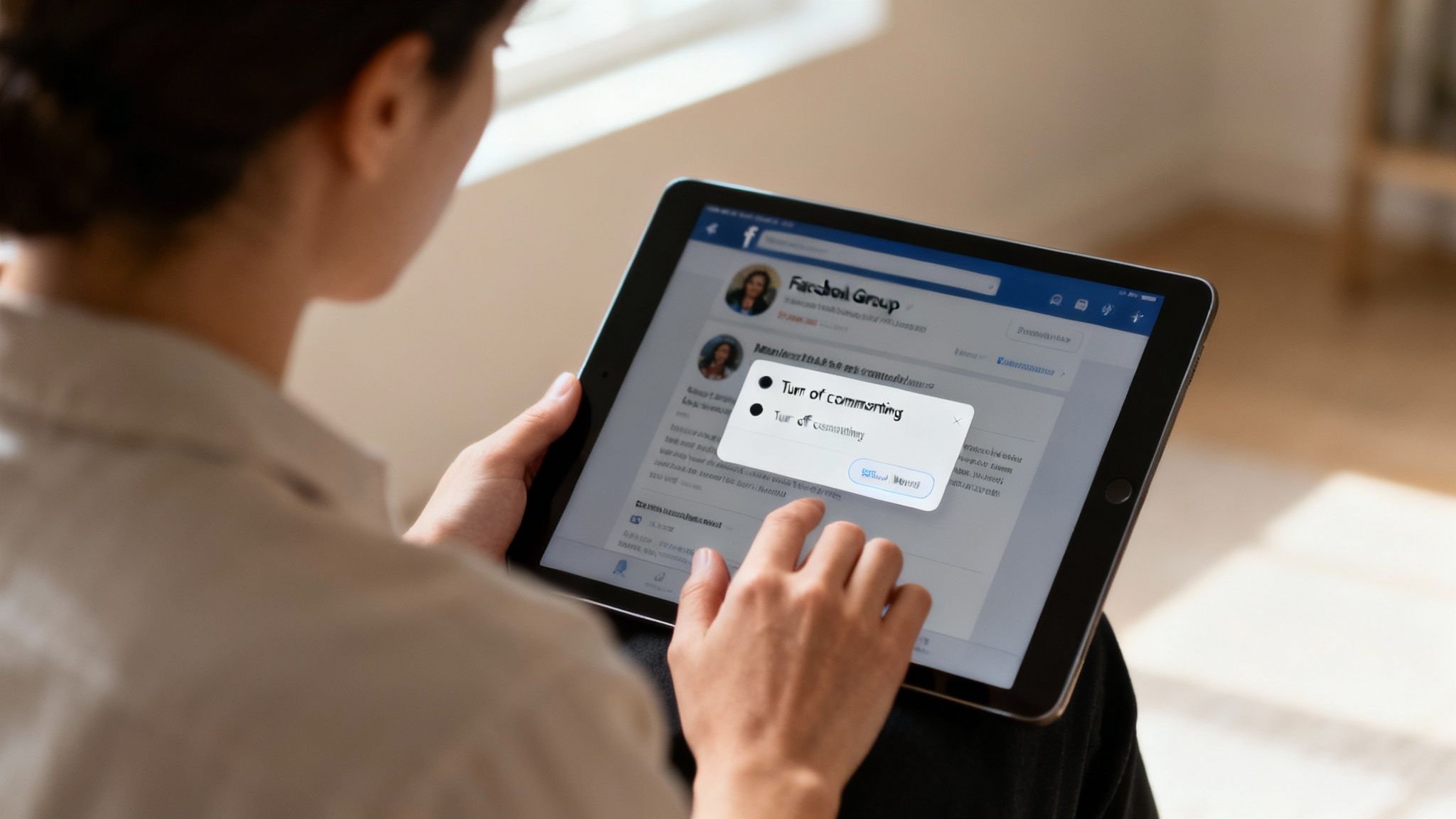 Person using tablet to turn off commenting feature in Facebook group settings dialog box