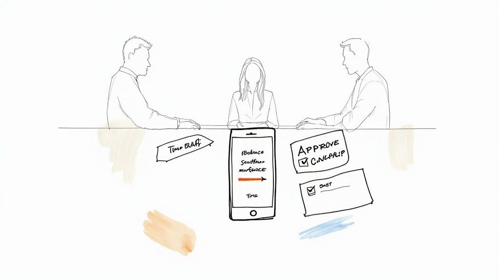 A sketch of three people in a meeting discussing notes and a smartphone displaying a workflow.