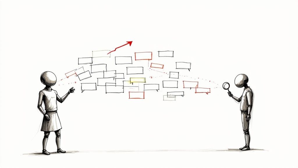 Two colleagues, one human and one robot, working together at a computer, symbolizing the collaboration between human insight and AI speed in content moderation.