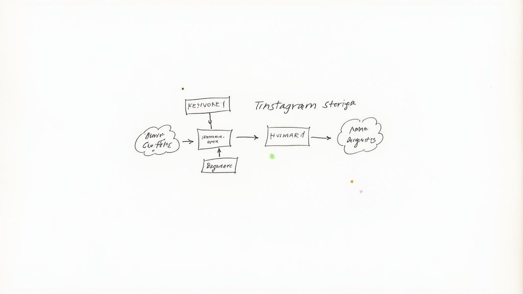 An abstract illustration of a robot arm interacting with social media icons, representing automation in managing story replies.