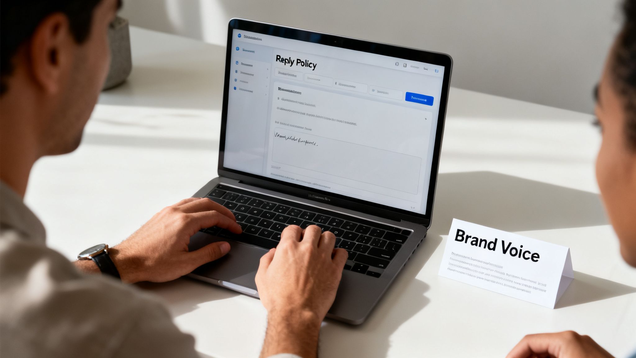 Two people are collaborating on a laptop, displaying a 'Reply Policy' screen, next to a 'Brand Voice' sign.