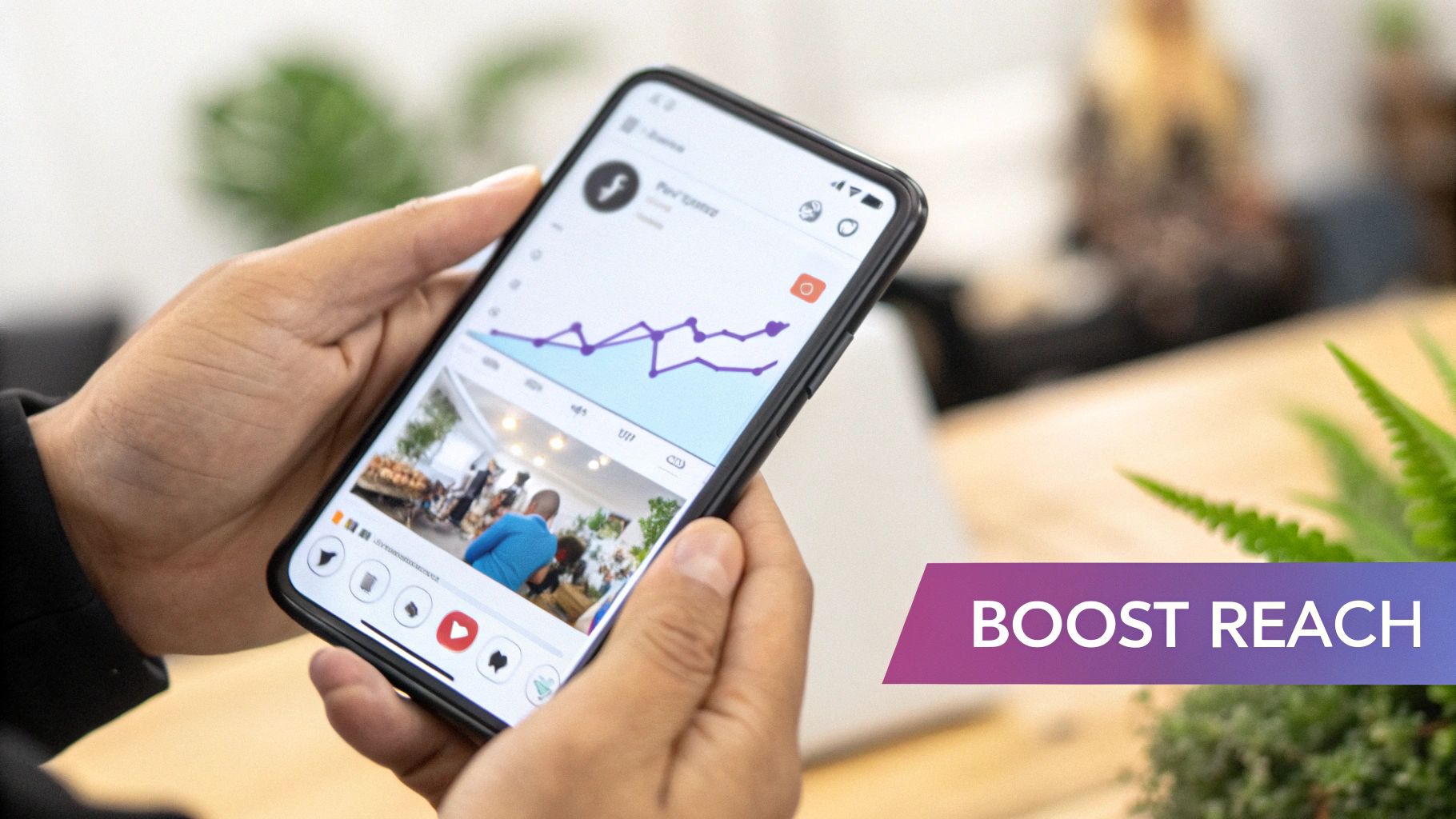 Close-up of hands holding a smartphone displaying a social media platform with a performance graph and a post, promoting 'BOOST REACH'.