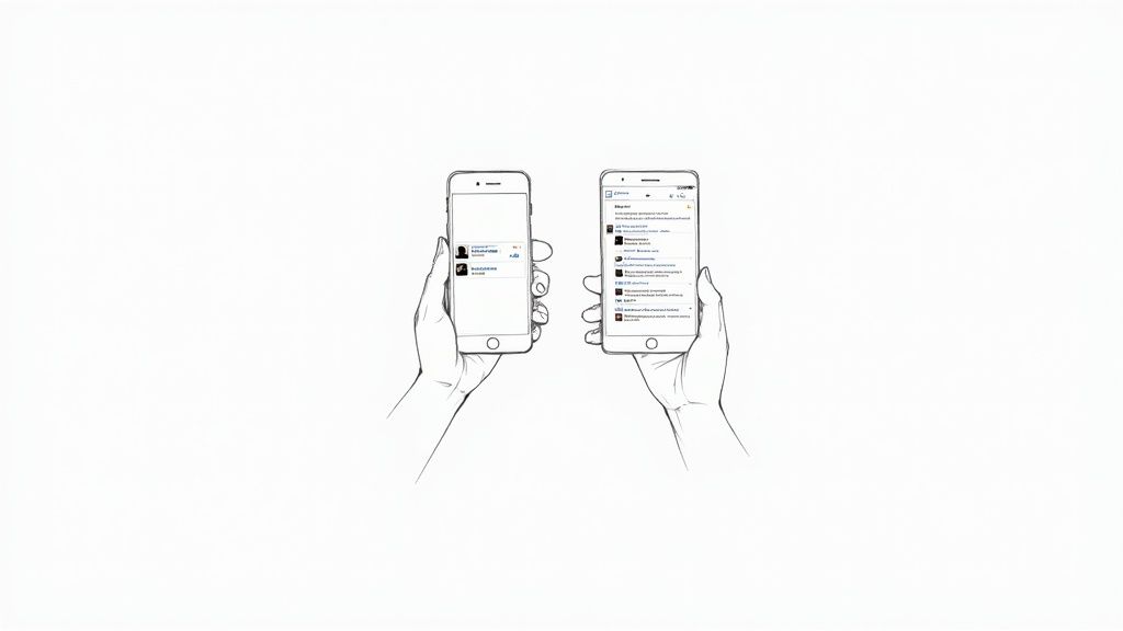 Drawing of two hands holding smartphones displaying social media application content.