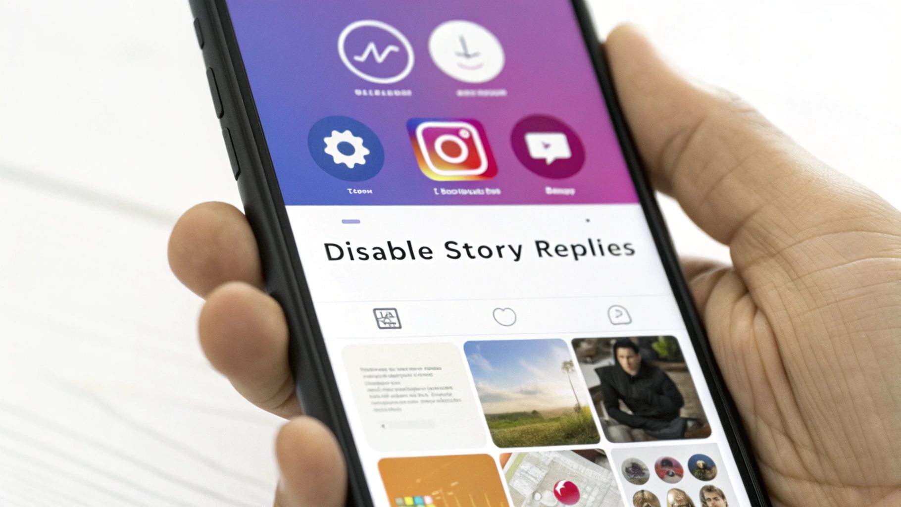 Close-up of a hand holding a smartphone displaying an Instagram interface with 'Disable Story Replies'.