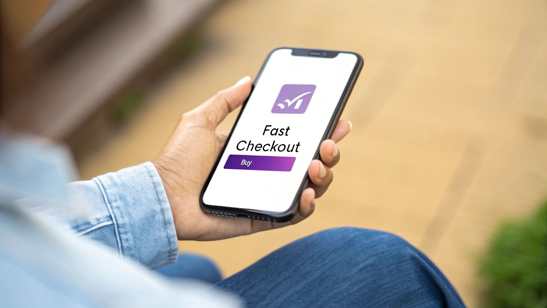 Close-up of a hand holding a smartphone showing a 'Fast Checkout' app with a purple icon and 'Buy' button.