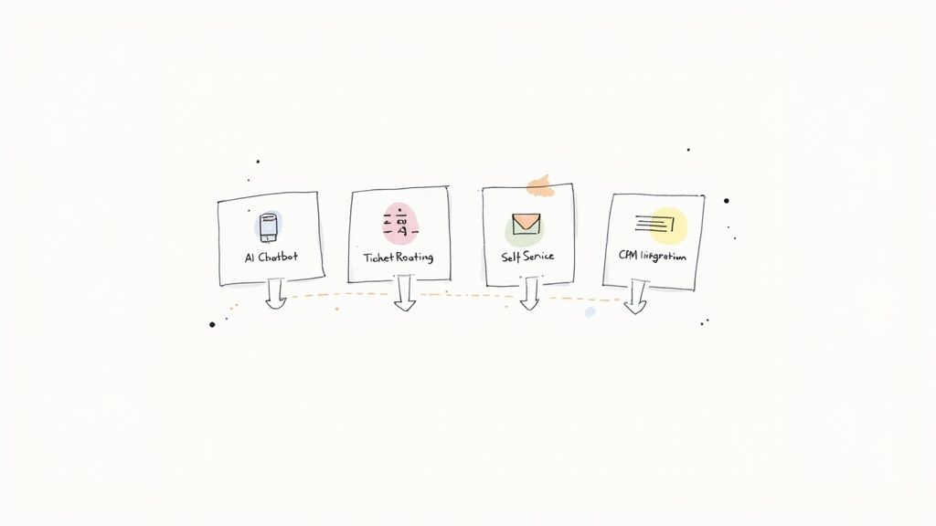 A hand-drawn diagram illustrating four key customer service automation components: AI Chatbot, Ticket Routing, Self Service, CRM Integration.