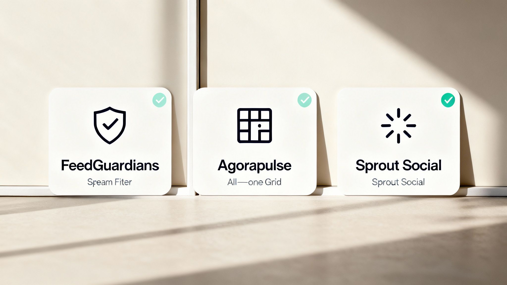 Three social media management tools displayed as cards: FeedGuardians, Agorapulse, and Sprout Social with checkmarks