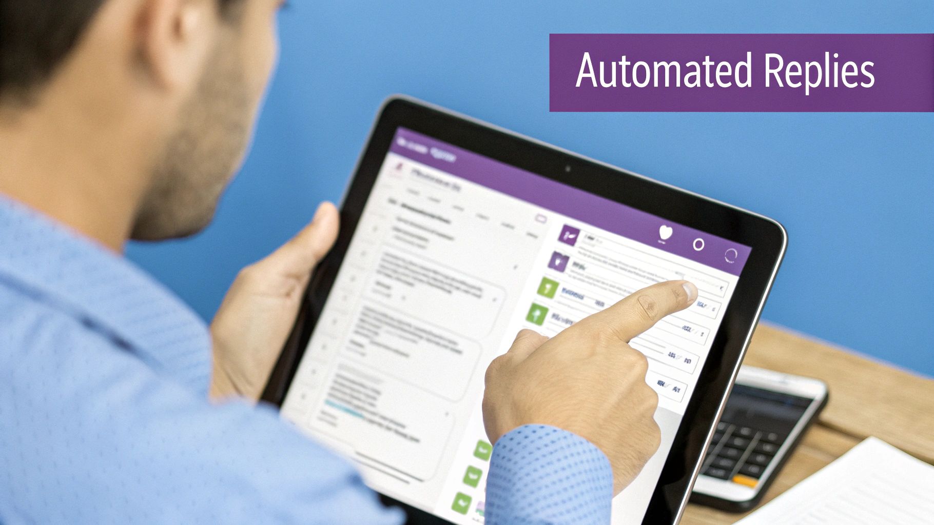 Close-up of a person using a tablet to manage automated replies for customer service.