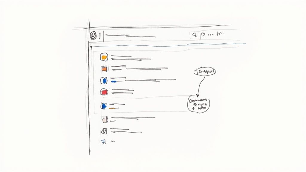 A hand-drawn sketch of a user interface, featuring a navigation bar, a list of items, and a workflow diagram.
