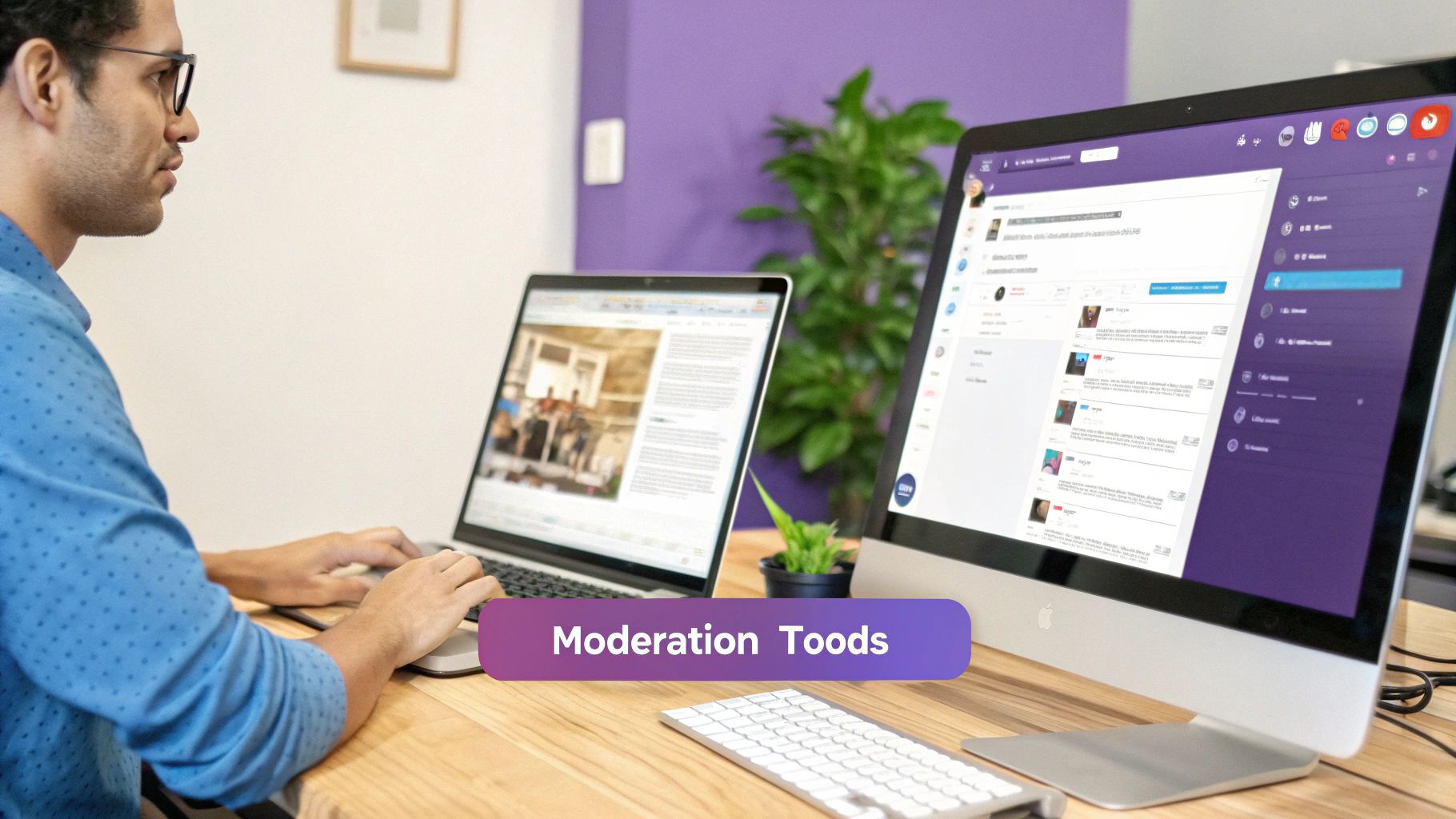 A man in glasses works on a laptop and desktop, displaying moderation tools on screen.