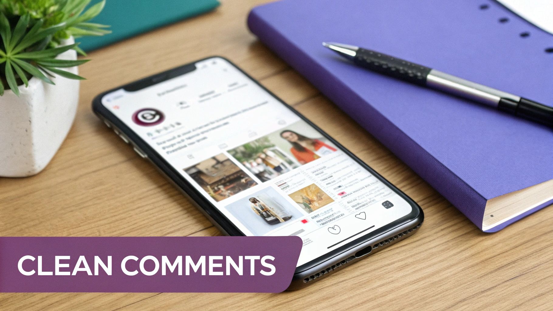 A smartphone displaying social media posts on a wooden desk next to a plant, notebook, and pen.