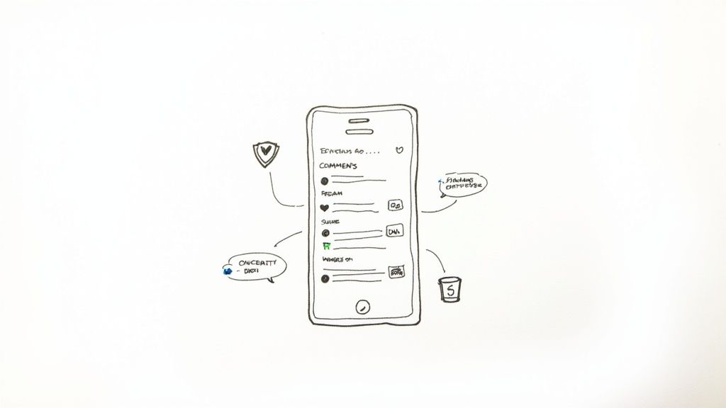 A hand-drawn sketch of a smartphone displaying comments, surrounded by conceptual app features and icons.
